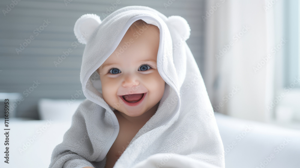 Portrait of adorable smiling baby in hooded white towel Portrait of adorable smiling baby in hooded white towel