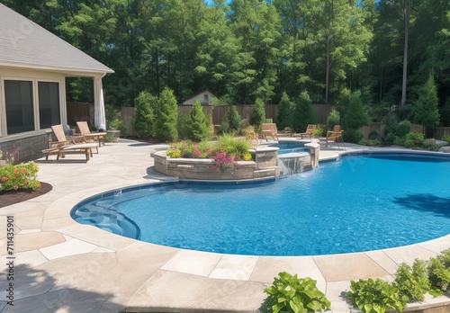 Modern patio next to swimming pool 