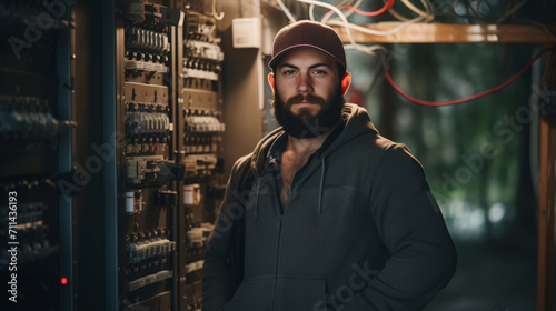 Portrait of an electrician. Bearded person is indoors