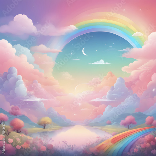 Fantasy art of a rainbow and pink trees in a dreamy sky.