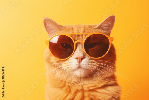 Portrait of cute cat in sunglasses against yellow studio background photo