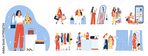 Woman shopping illustrations in flat design