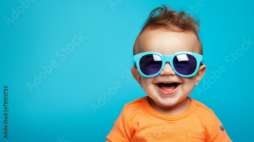 Portrait of happy positive funny baby wearing sunglasses. Against soft blue background photo