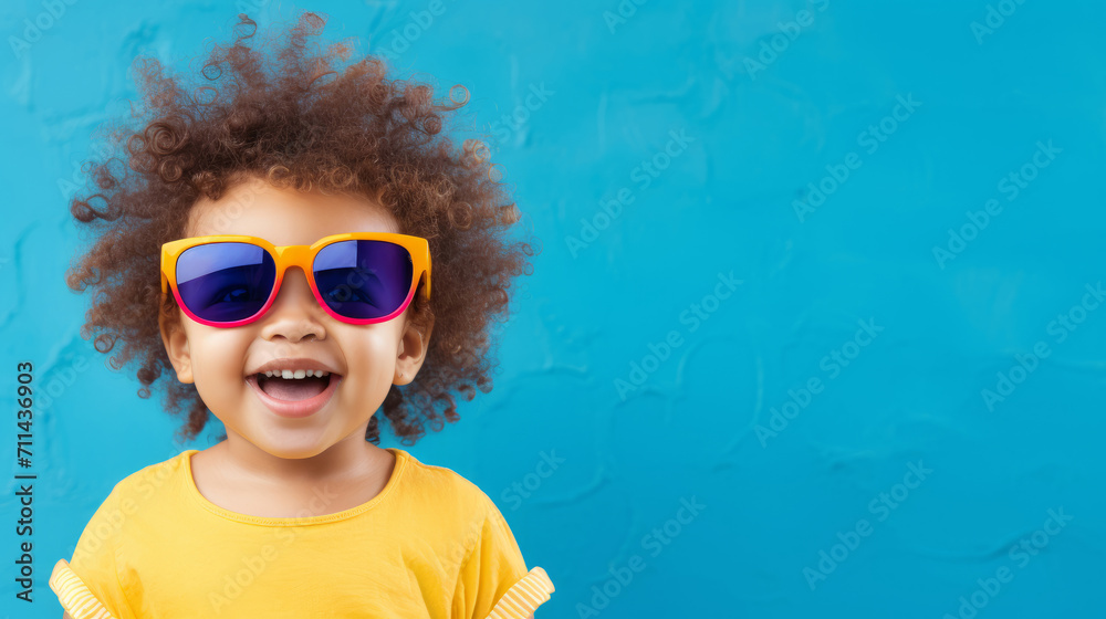 Portrait of happy positive funny baby wearing sunglasses. Against soft blue background