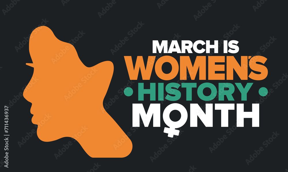 Women's History Month. Celebrated annual in March, to mark women’s contribution to history. Female symbol. Women's rights. Girl power in world. Poster, postcard, banner. Vector illustration