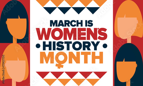 Women's History Month. Celebrated annual in March, to mark women’s contribution to history. Female symbol. Women's rights. Girl power in world. Poster, postcard, banner. Vector illustration