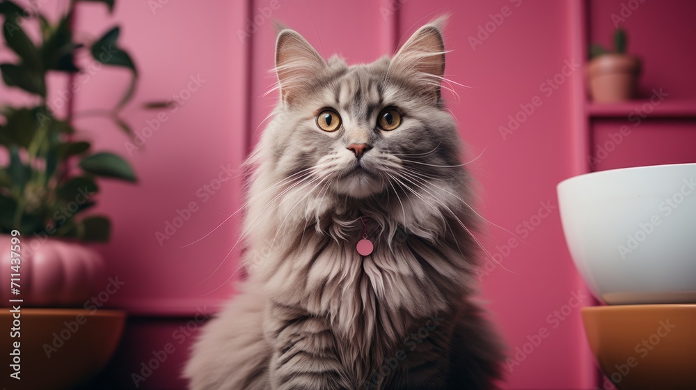 Fluffy gray cat sits in a pink interior.