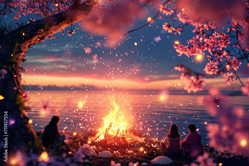 Scenic Spring Beach Bonfire.  spring art