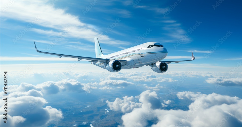 Obraz premium A passenger airplane flies high in the sky above the clouds against a blue sky.