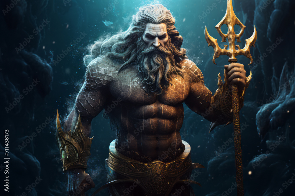 Poseidon with golden trident is underwater