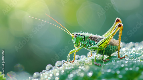 A grasshopper perches on a dew-covered leaf in the garden. photo