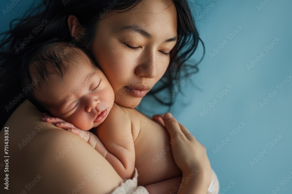 Cocoon of Love: In the Postpartum Phase, a Asian Mother Holds Her Newborn in Her Lap, Embracing the Gentle Connection, Nurturing Affection, and Endless Love. Pastel blue background. Copy space. Cocoon of Love: In the Postpartum Phase, a Asian Mother Holds Her Newborn in Her Lap, Embracing the Gentle Connection, Nurturing Affection, and Endless Love. Pastel blue background. Copy space.