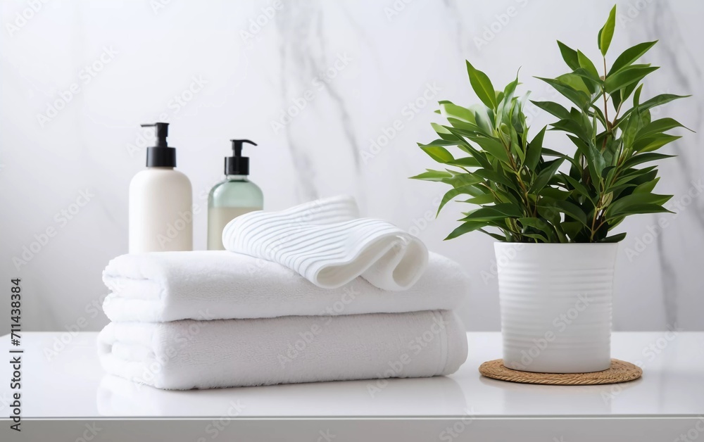 realistic photo of cosmetics and towels, with green plants on white table in ceramic bathroom background. generative ai realistic photo of cosmetics and towels, with green plants on white table in ceramic bathroom background. generative ai