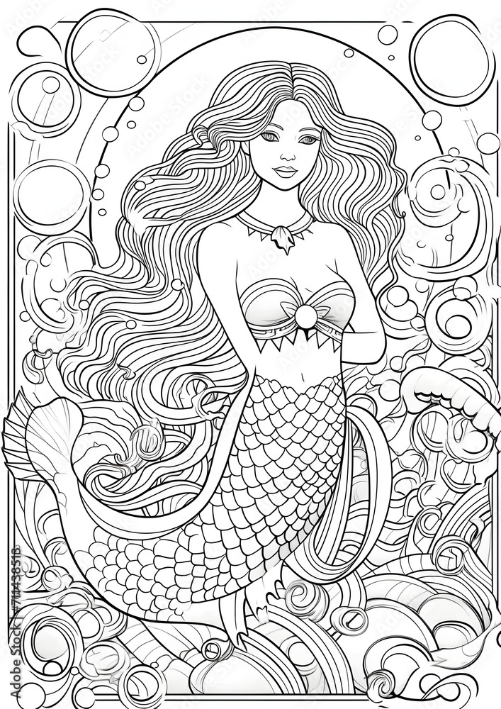 Mermaid Coloring Page, Ai Generative Mermaid Coloring Page, Ai Generative