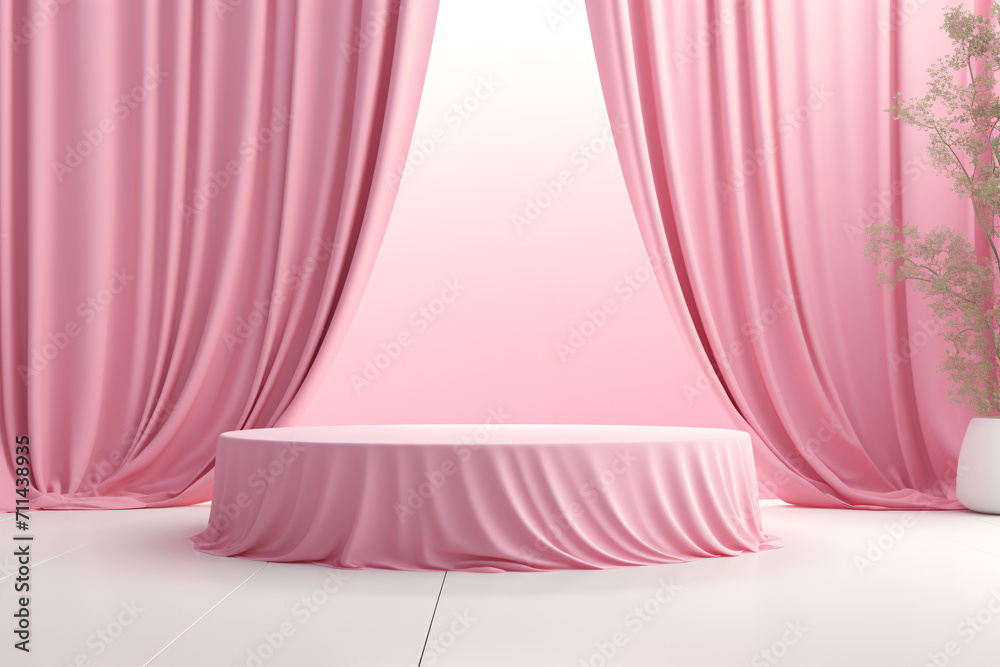 Pink Cylinder Podium on Pink Curtain Background, Product Display Mockup, Showroom Showcase Pink Cylinder Podium on Pink Curtain Background, Product Display Mockup, Showroom Showcase