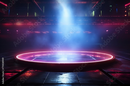 Neon Circle Podium on Wet Pavement in Abstract Sci-Fi Scene