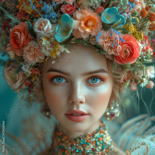 A beautiful girl wearing a flower crown, in the style of mixes realistic and fantastical elements, light orange and azure, edgar maxence, focus stacking, intricate embellishments, bold and vibrant