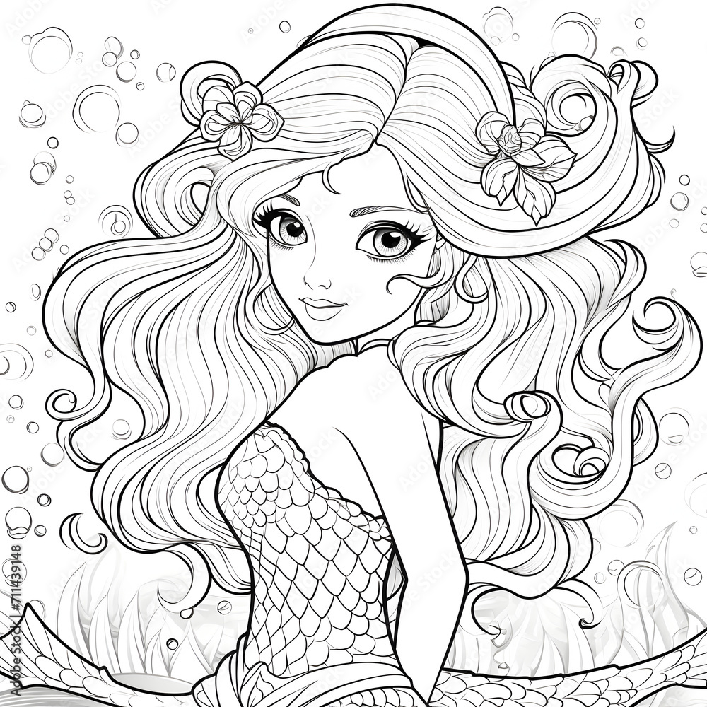 Obraz premium Mermaid Coloring Page, Ai Generative