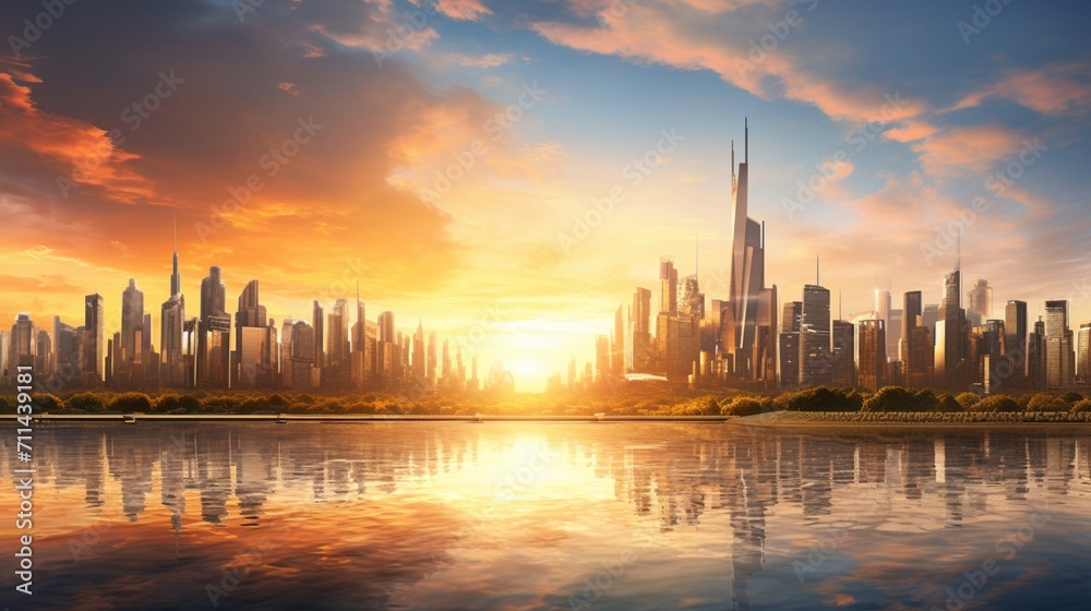 An elegant banner showcasing a panoramic cityscape at sunset, emphasizing modernity and sophistication - Generative AI - obrazy, fototapety, plakaty 