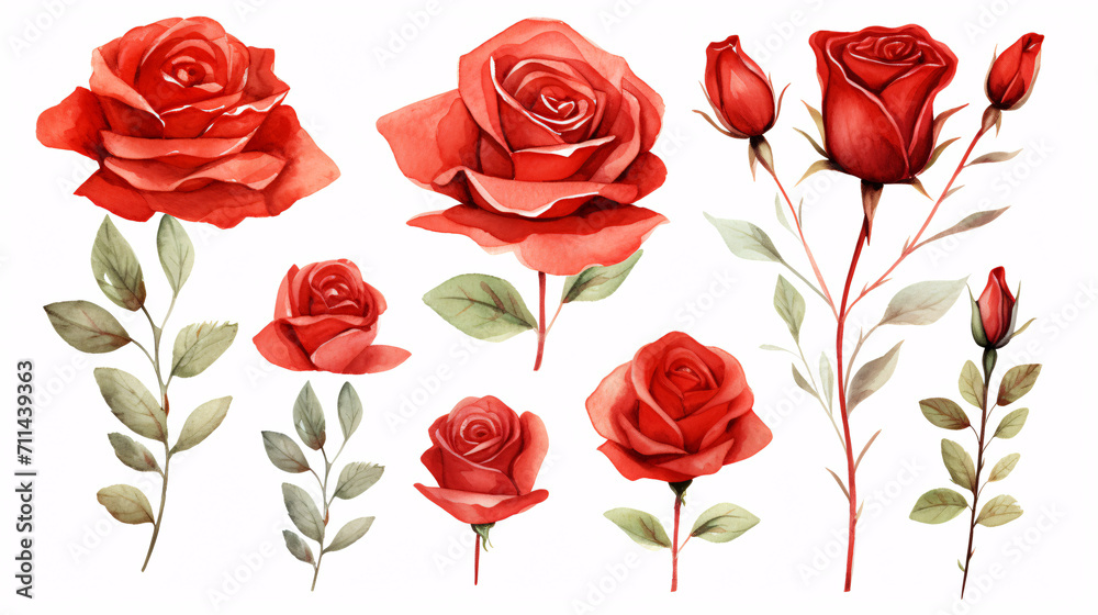 Set of red roses with green leaves isolated on white background. Watercolor illustration Set of red roses with green leaves isolated on white background. Watercolor illustration
