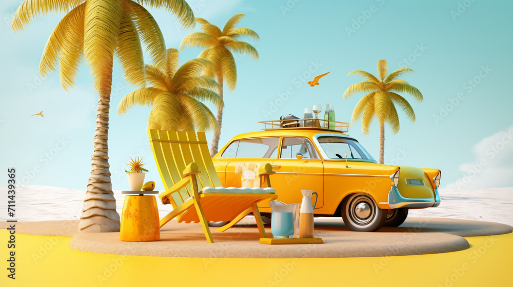 Summer road trip to the beach on yellow 3d car palms