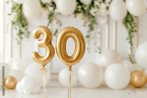 30. Hochzeitstag, 30. Hochzeitsjubiläum, Perlenhochzeit, "30" aus goldenen Heliumballons vor festlichem Hintergrund