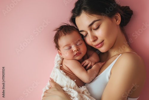 Cocoon of Love: In the Postpartum Phase, a Mother Holds Her Newborn in Her Lap, Embracing the Gentle Connection, Nurturing Affection, and Endless Love. Pastel pink background. Copy space.