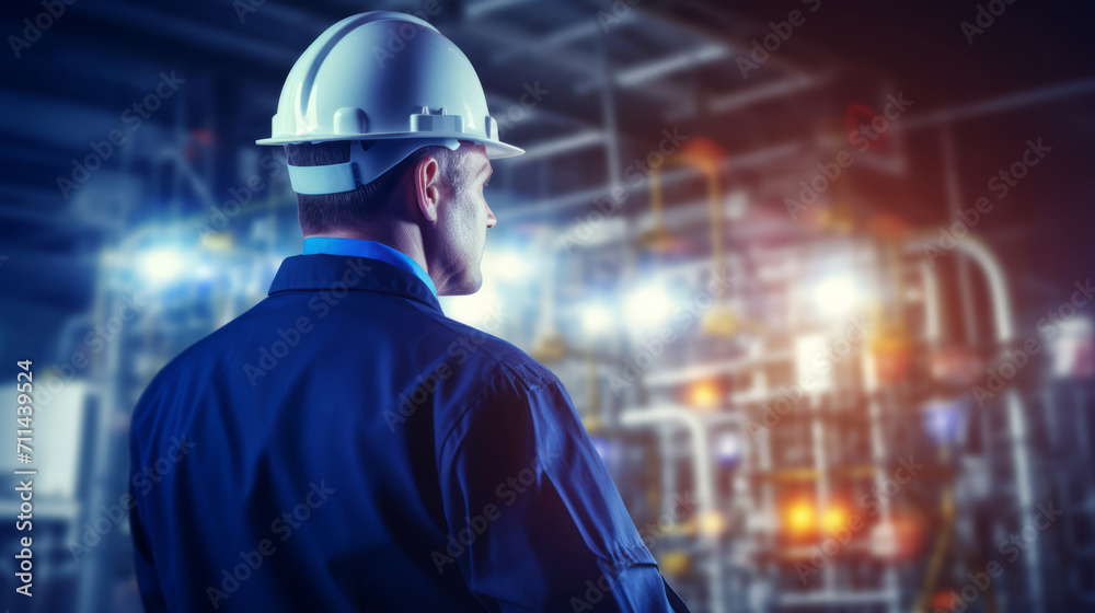 Back view of professional electrical engineer on energy station Back view of professional electrical engineer on energy station