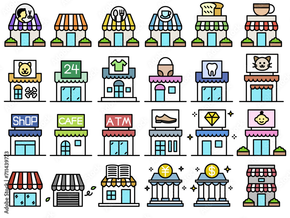Vector color icon collection of shops in various industries