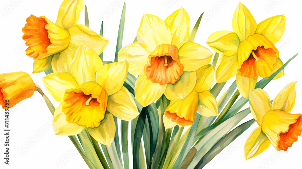Yellow daffodils isolated on white background. Spring flowers.