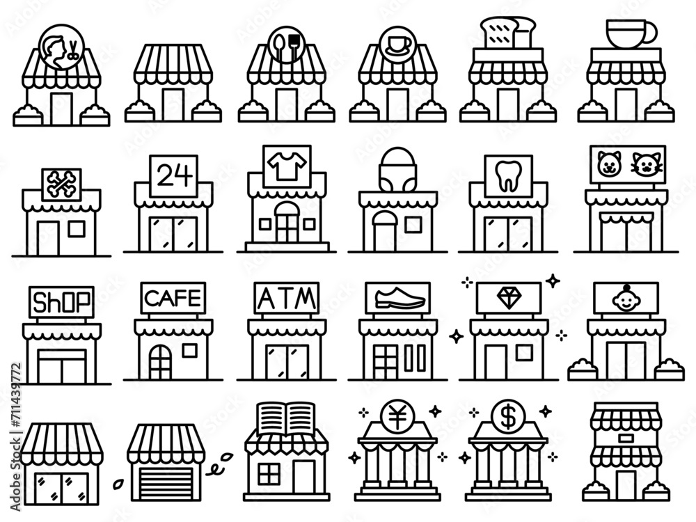 Vector icon collection of shops in various industries