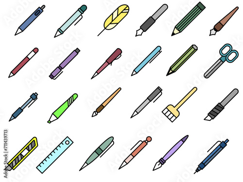 Vector icon collection of writing instruments perfect for business and education scenes