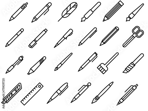Vector icon collection of writing instruments perfect for business and education scenes