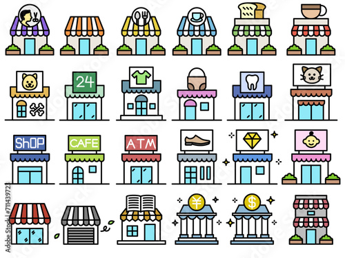 Vector color icon collection of shops in various industries