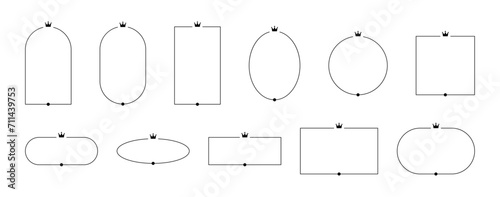 Linear frames with a crown and in the form of arches. Minimalistic aesthetic elements. Pack of vector isolated illustrations on a white background.