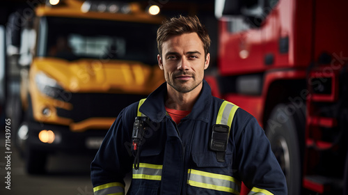 Professional firefighter on the background of a truck