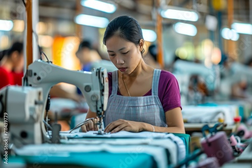 Näherin in Asien. Fabrikarbeiterin an der Nähmaschine in China. Kleidungen produzieren in einer asiatischen Näherei. Schneiderin als Fachkraft im asiatischen Raum.  photo