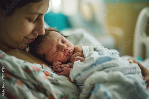 Miracle of Birth: In the Hospital, a Mother Gives Birth, Welcoming a Newborn into Her Lap - Exhausted but Overflowing with Tired Happiness and Maternal Joy photo