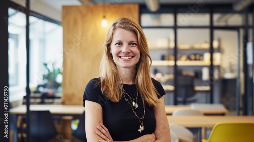 Angestellte Frau im Büro. Mitarbeiterin im Office lächelt in die Kamera. Modernes Startup Business. Junge Frau mit langen Haaren und natürlichem Look.