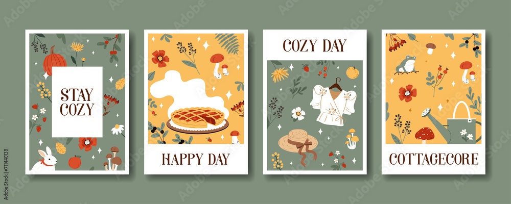 Fototapeta premium Cottage core cards in flat design