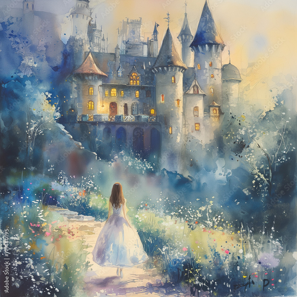 Princess Gazing at a Magnificent Castle in a Whimsical Illustration. A ...