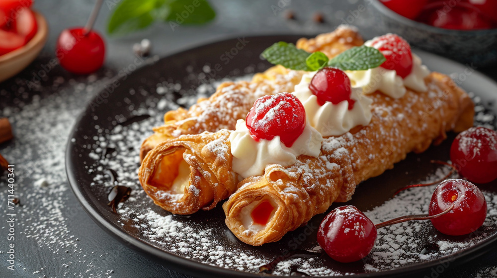Creamy and crispy cannoli, delicious Sicilian pastry with snow sugar and cherries, garnished with green mint leaves. Homemade food. Creamy and crispy cannoli, delicious Sicilian pastry with snow sugar and cherries, garnished with green mint leaves. Homemade food.