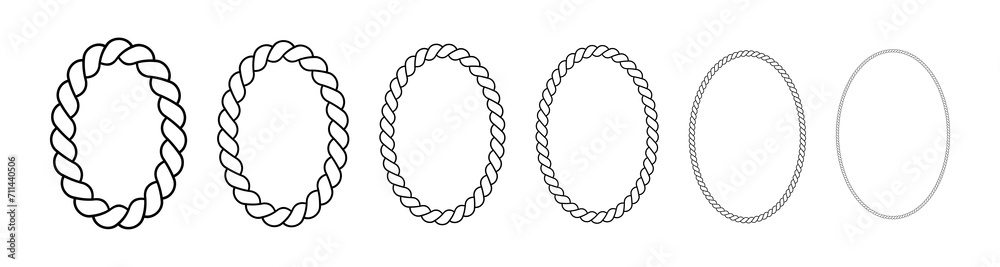 Oval frames made of rope. Ellipse borders made of braided cord. Vector set of thin and thick elements isolated on a white background. - obrazy, fototapety, plakaty 