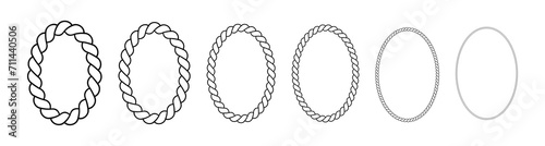 Oval frames made of rope. Ellipse borders made of braided cord. Vector set of thin and thick elements isolated on a white background. photo