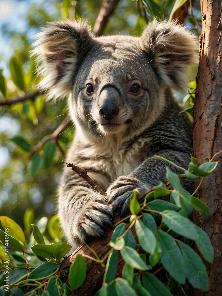 Fototapeta premium Leafy Haven: Koala Clinging to a Branch