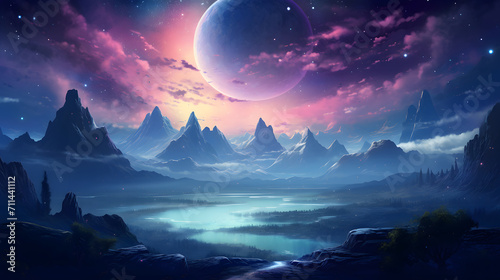 fantasy background of mountains with big moon in the sky