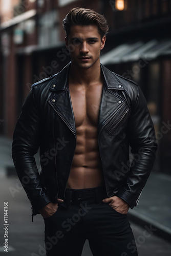 Shirtless Man in Black Leather Jacket. Generative AI.