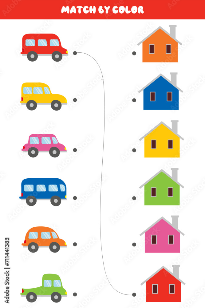 Educational children's game. Matching table for games for children. Match by color. Find pairs of cars and houses. Studying colors, transport theme. Educational cards for children