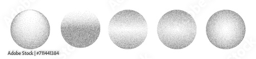 Gradient noise circles made of grains. Halftone round pattern of dotted elements with gradation from dark to light. Vector isolated illustration on white background.