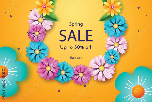 Hello spring season time, sales season banner or poster with colorful blossom flower